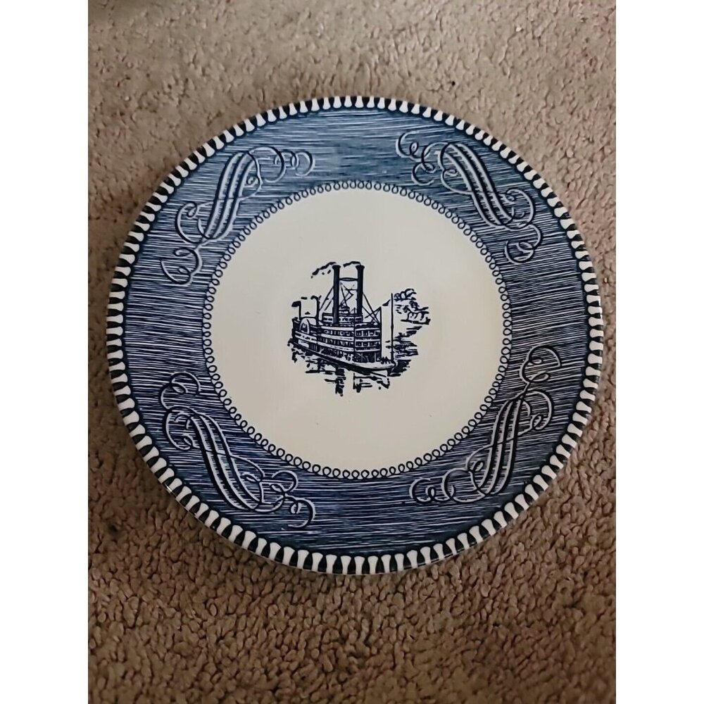 Currier & Ives Blue and White Mississippi Steamboat Saucers 6" Vintage Set Of 4